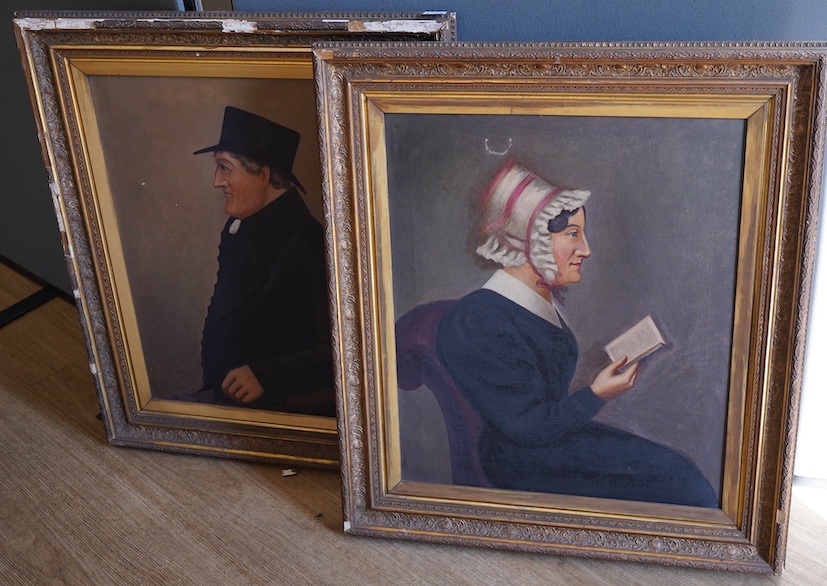 19th Century, Naïve school, Portraits of a lady and gentleman, pair of oils on board, 59 x 49cm